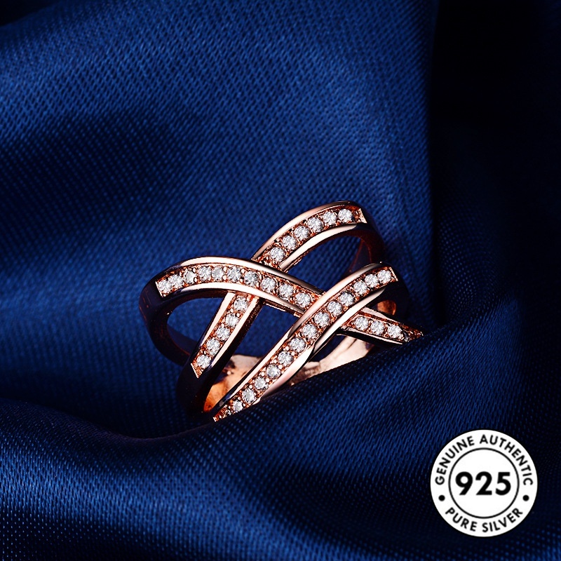 Cincin Sterling Silver 925 Model Kepang Warna Rose Gold Dengan Berlian Imitasi Untuk Wanita