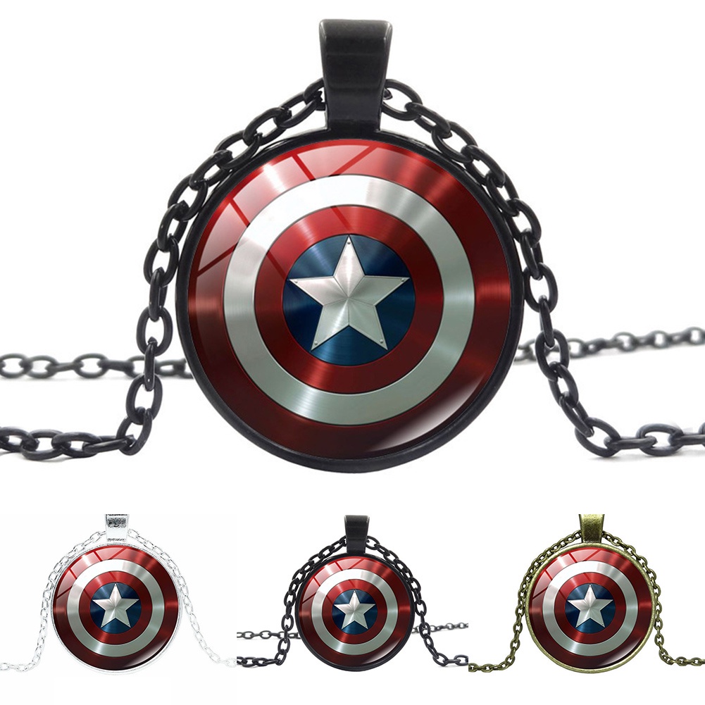 Hu Hu Hu Hu Hu Alat Bantu Pasang Kacamata♡ Kalung Rantai Dengan Liontin Kaca Cabochon Gambar Perisai Captain America Avenger