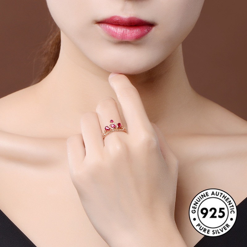 Cincin Sterling Silver 925 Model Mahkota Dengan Ruby Warna Rose Gold Untuk Wanita