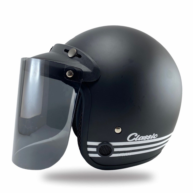 Helm Bogo Classic Garis Hitam Doff Lis Putih Kaca Datar SNI | Shopee
