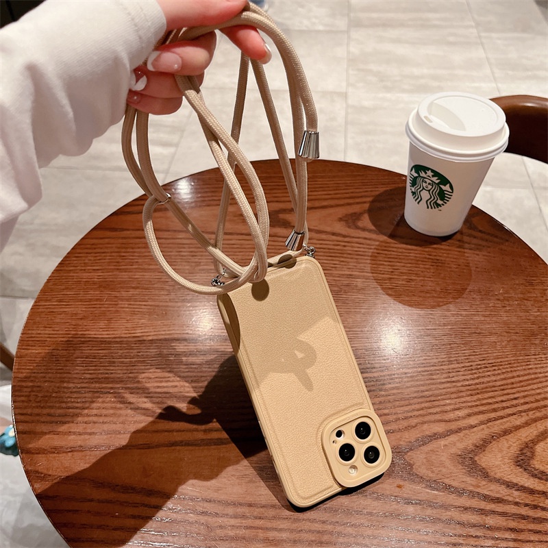 Case Bahan Kulit Warna Solid Dengan Lanyard Anti Hilang Untuk iPhone 13 12 11 Pro X XS MAX XR SE2 7 8 Plus