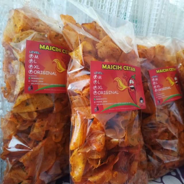 

Maicih Cetar Keripik Singkong Tipis dengan bumbu Dapoer Cetar dan bauran Daun Jeruk Purut