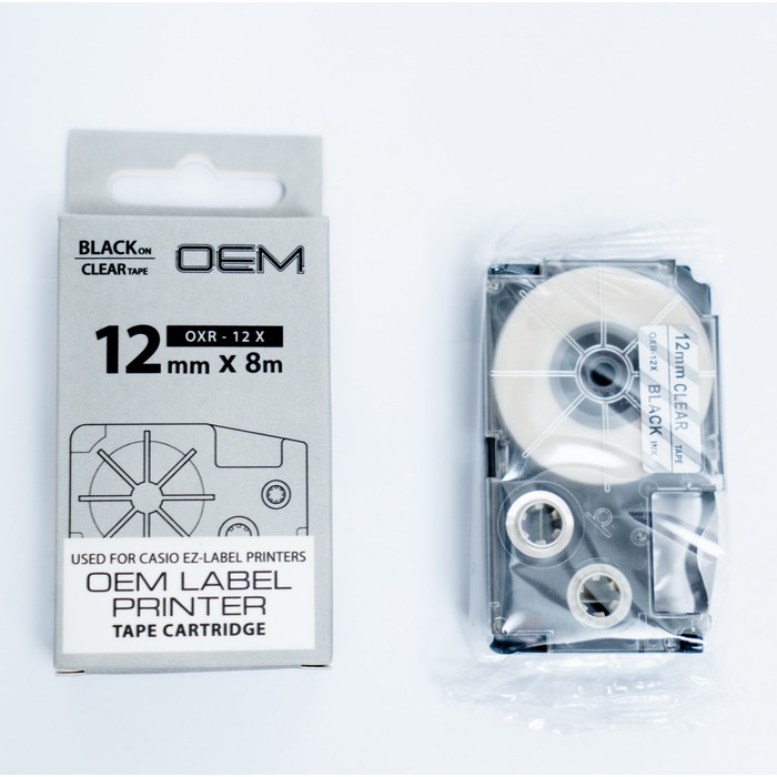 OEM TAPE EZ LABEL CASIO 12MM BLACK INK CLEAR (OXR-12X)