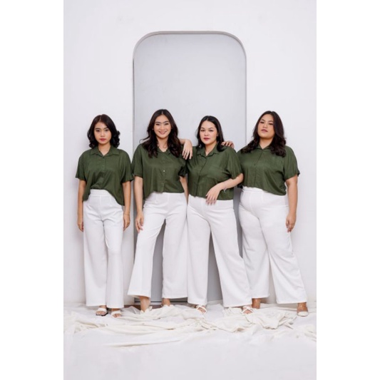 Oversized Rayon Crop Top Kemeja Wanita Casual Big Size Jumbo Polos Lengan Pendek-Army