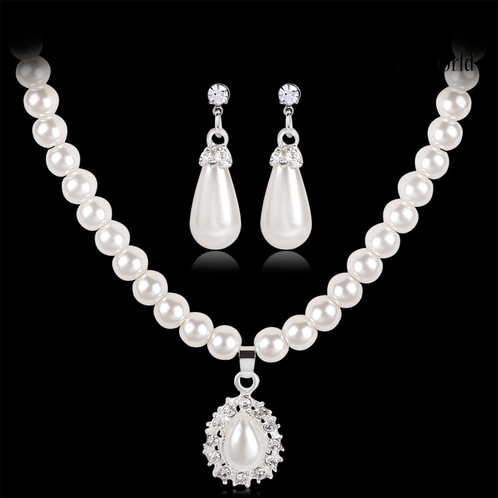 OW@ Royal Style Princess Imitation Pearl Teardrop Pendant Elegant Necklace Earrings