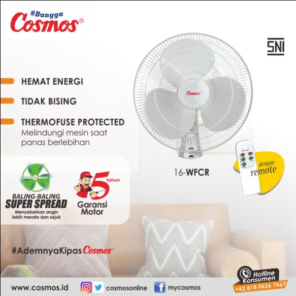 TERMURAH KIPAS ANGIN REMOTE / WALL FAN / KIPAS DINDING COSMOS 16WFCR / 16-WFCR / 16 WFCR [16 INCH]-16WFCR ABU REMOTE