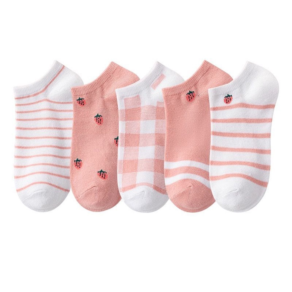 ☀ INDOLAND ☀ Kaos Kaki Wanita Motif Kotak Pink Strawberry Fashion Korea Women Sock Import R601