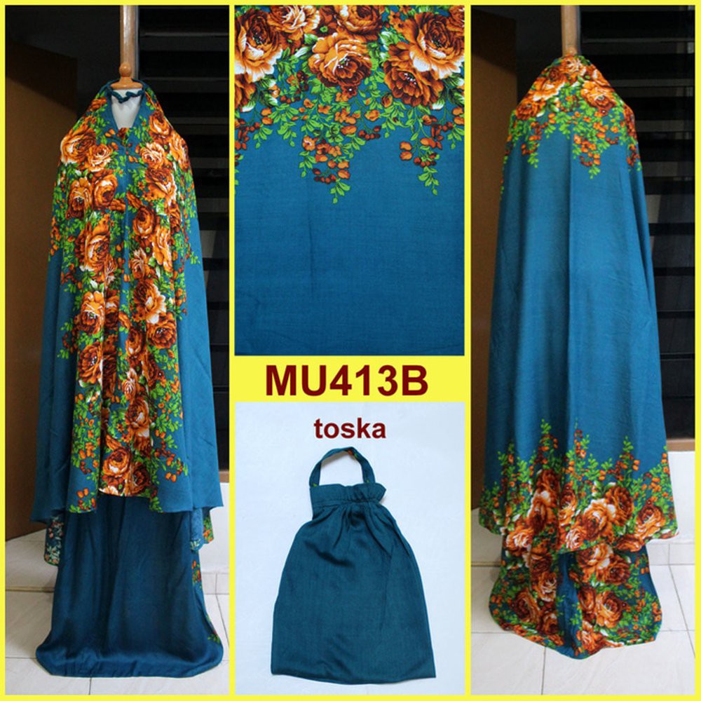 Jual Mukena Bali Semi Jumbo Motif Bunga Mawar    MU413B Toska Berkualitas