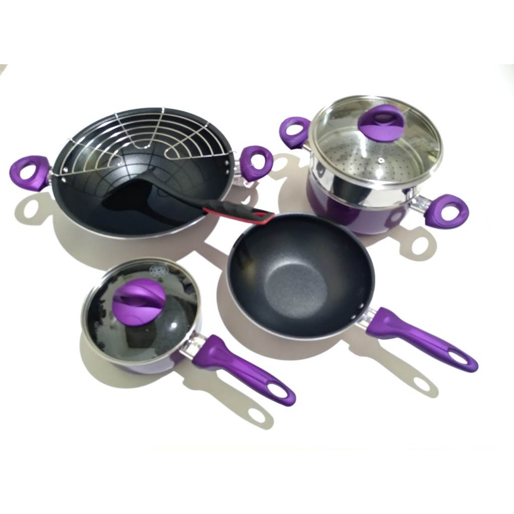 Panci Supra Rosemary 9Pcs Teflon Anti Lengket Warna Ungu