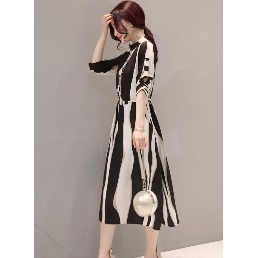 Wanita ramping korea sifon tipis dipotong lengan garis geometris A-line Dress