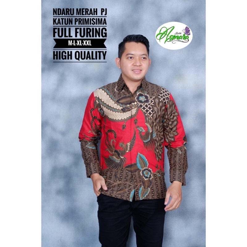 NDARU MERAH PJ Kemeja Batik Pria Solo Asli Lengan Panjang Katun Halus FULL FURING PREMIUM Mewah Atas