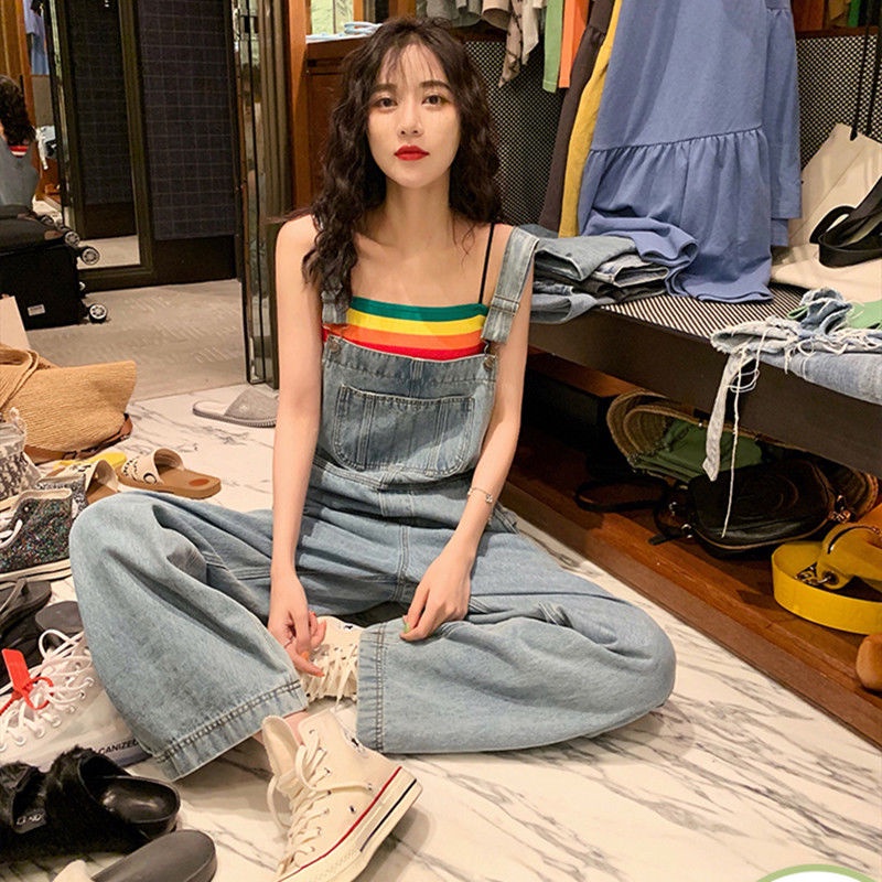 Retro denim overall perempuan musim semi 2022 baru versi Korea dari siswa longgar tinggi pinggang le