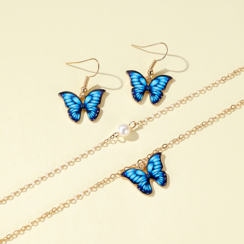 Butterfly Set Kalung Bentuk Kupu-Kupu | Anting Bentuk Kupu-Kupu Warna-Warni Aksen Mutiara Untuk Wanita Butterfly | Aksesoris Rambut Untuk Wanita