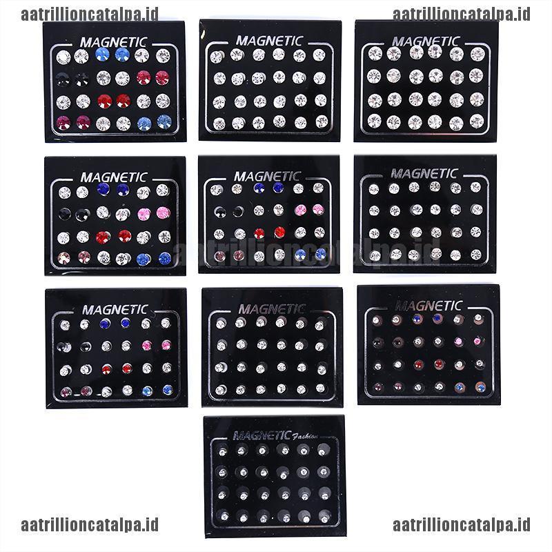 24pcs / Set Anting Stud Magnetik Tanpa Tindik Bentuk Bulat Aksen Berlian Imitasi