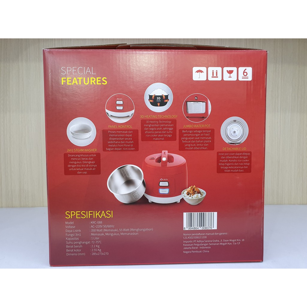 Kirin Rice Cooker 1.0 Liter KRC-088 Stainless Steel 3in1