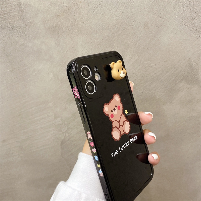 IPHONE 3d Rotatable Bear Couple Phone Case Cover Kartun Pelindung Lembut Untuk Iphone7 8 PLUS X XR XS 11 12 13 PRO MAX SE 2020