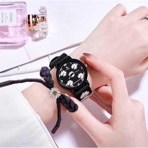jam tangan Wanita Quartz Analog GD same paragraph Small Daisy Motif Kanvas Untuk Women Watch Set-L 5+Bracele