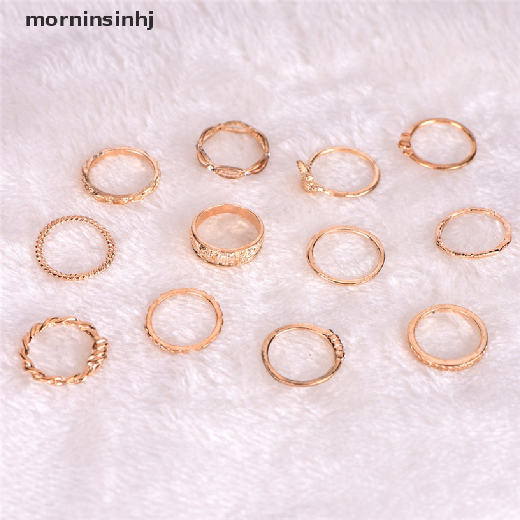 Mornin 12pcs / Set Cincin Buku Jari Aneka Bentuk Warna Gold Gaya Vintage Punk Untuk Wanita