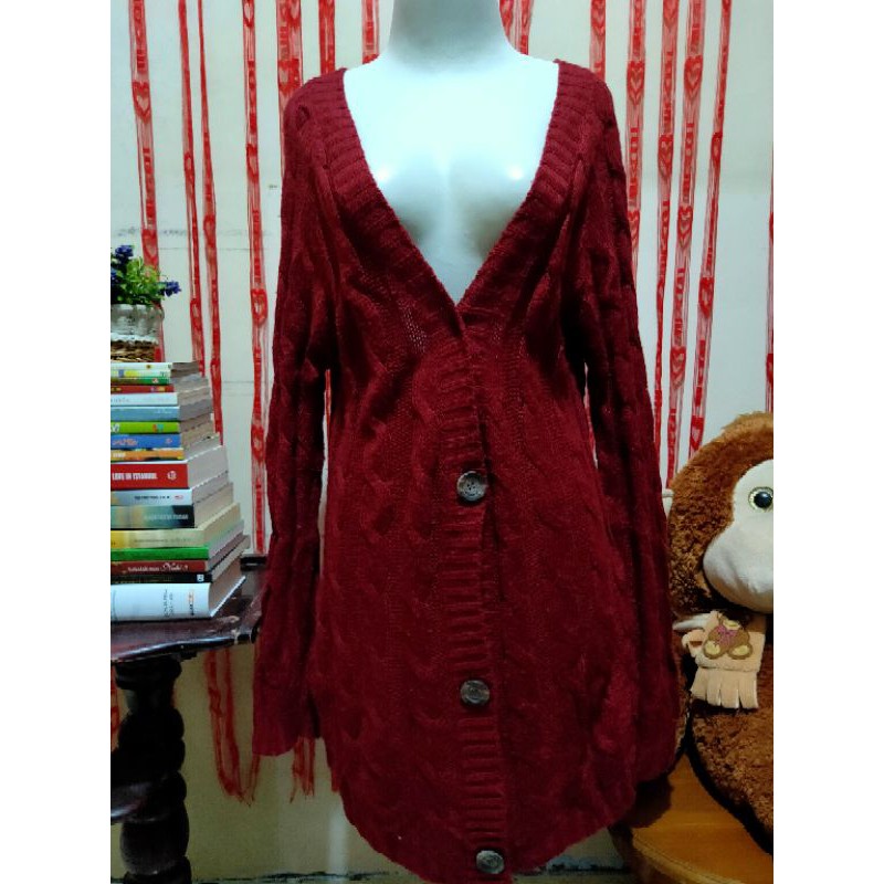 PRELOVED LONG KARDIGAN RAJUT FULL KEPANG MARON
