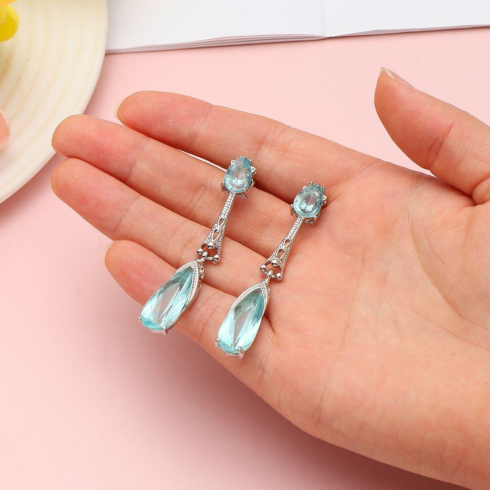 R-flower Drop Earrings Perhiasan Pernikahan Bling Baru Aquamarine