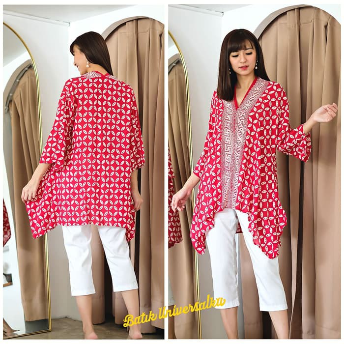 Promo Atasan Batik Wanita. Blouse Tunik Batik Top Cap Jumbo Big Besar-Kawung - Merah Diskon