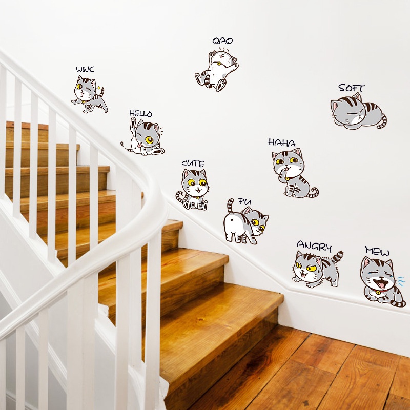 Stiker Dinding Bahan PVC Tahan Air Gambar Kartun Kucing Ukuran 60x30cm Untuk Dekorasi Kamar Anak