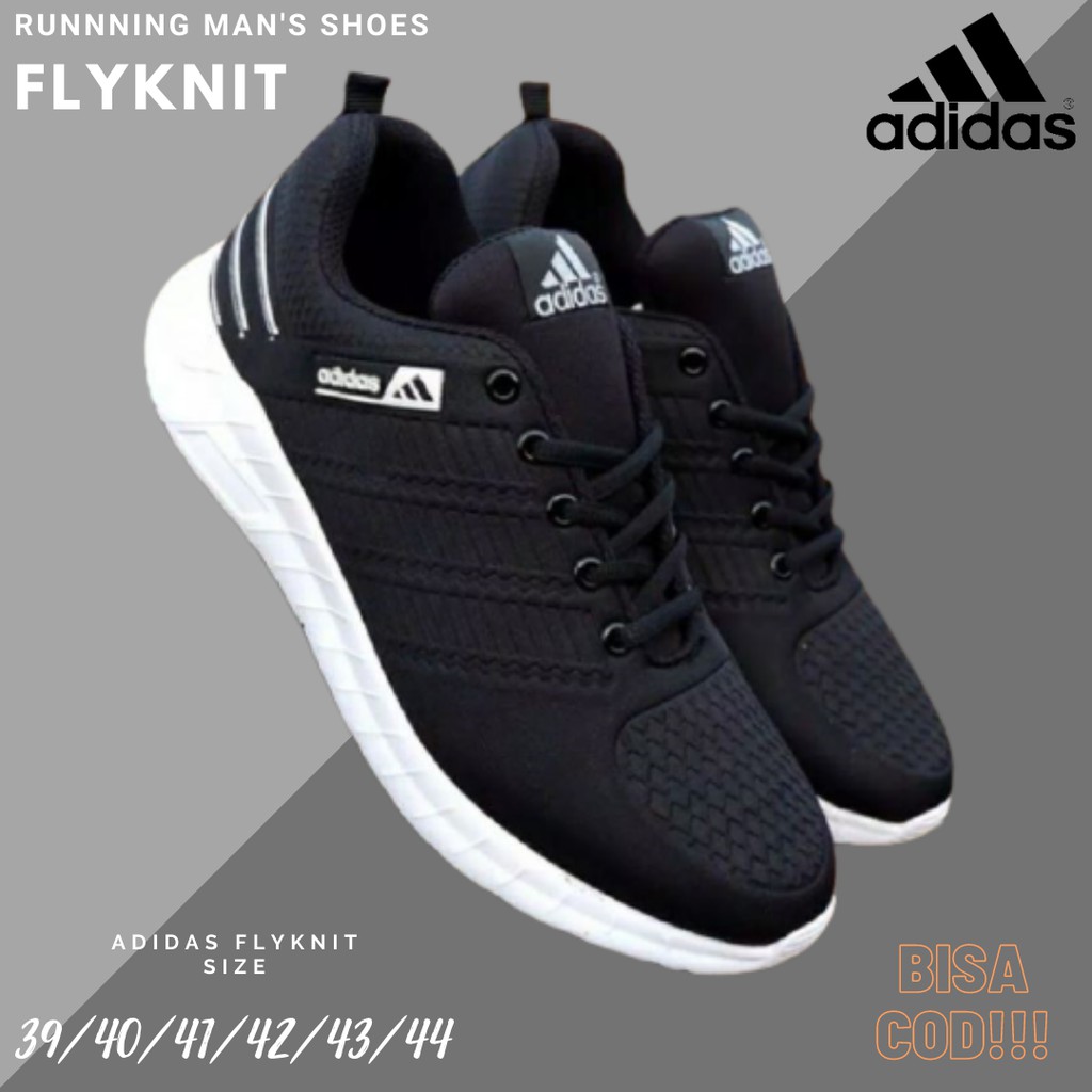 Sepatu Olahraga Pria Adidas Flyknit Hitam Sneakers Bertali Kasual Running Gym Kuliah Outdor Sport