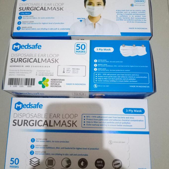 Masker medis 3 ply 50 pcs, masker bedah MEDSAFE bfe 99.87%