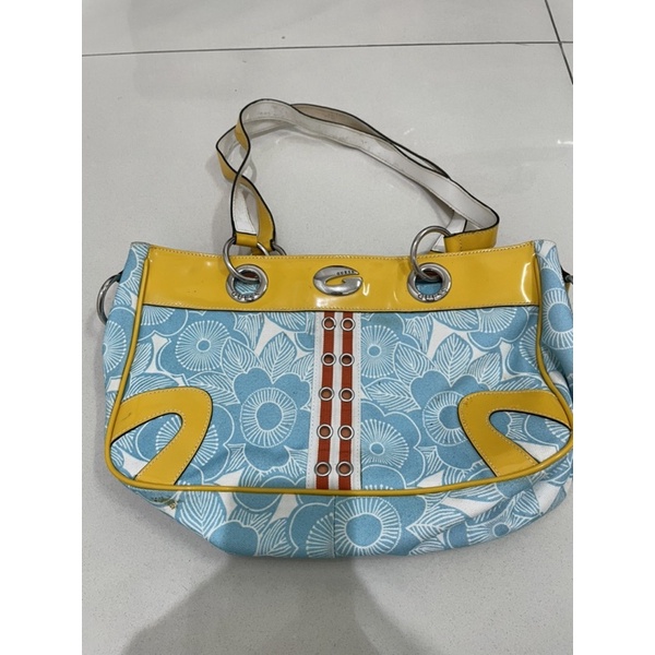 preloved 100% original authentic tas Guess biru kuning shoulder hand bag