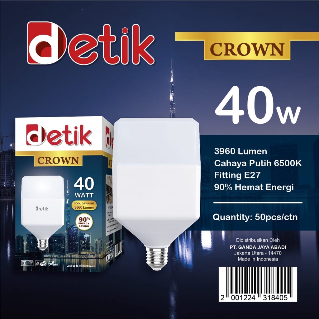 Detik Crown Lampu LED Bulb Kotak 40 Watt - Cahaya Putih