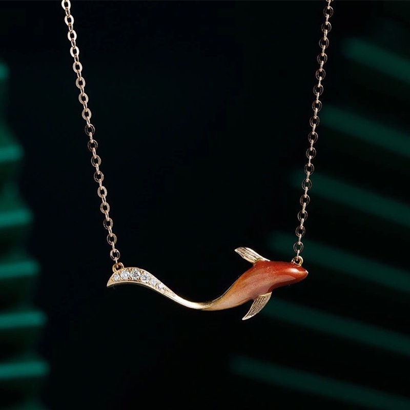 Kalung Rantai Emas 18k Desain Ikan Koi Fortune Aksen Berlian Untuk Wanita