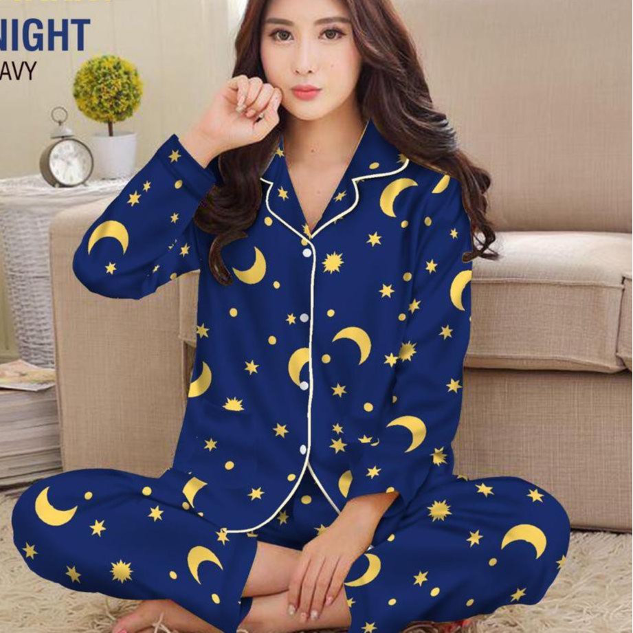 JNV Piyama PP Wanita Motif Karakter Kartun 01 - Baju Tidur Lengan Panjang - Bahan Katun-Starmoon Navy
