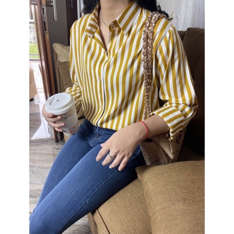 kemeja rayon LD 110, stripe kemeja wanita / Kemeja casual / kemeja stripe salur / kemeja terkini