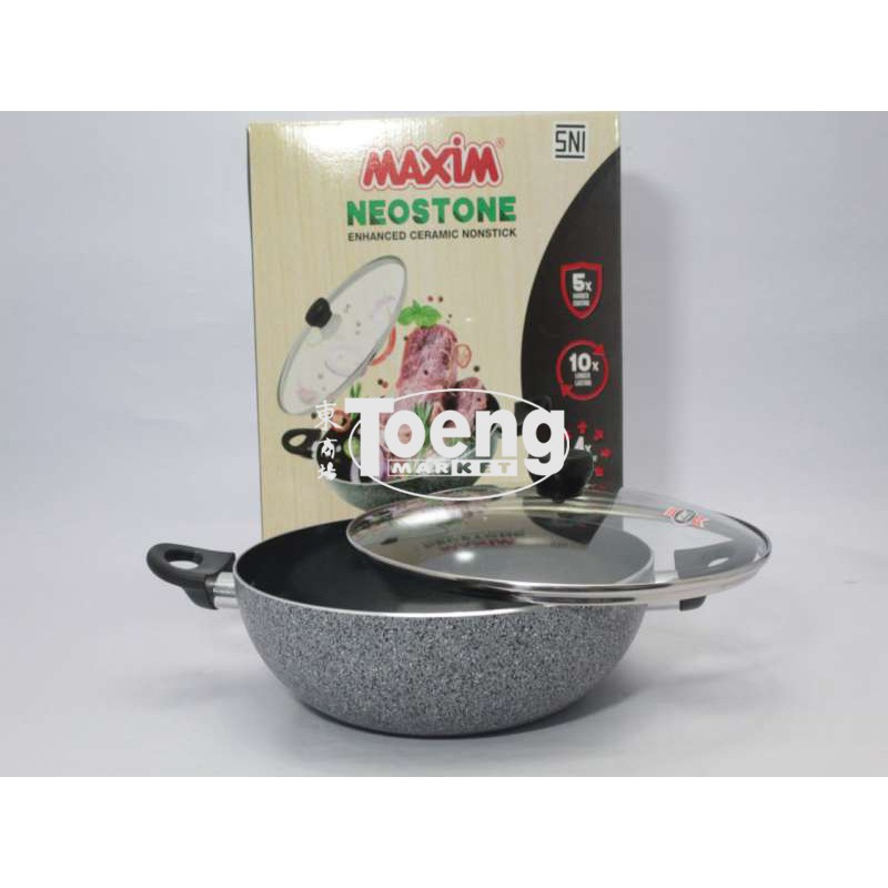 WAJAN MAXIM TUTUP KACA / NEOSTONE WOK 30cm+GC NS / WAJAN CERAMIK  MAXIM