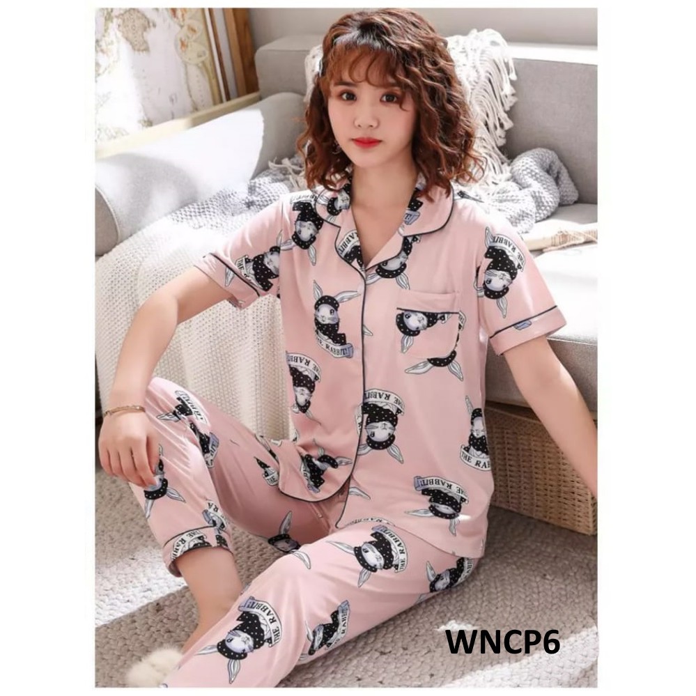 Piyama Wanita Baju Tidur Wanita Lengan Pendek Celana Panjang Rabbit Tie Pink