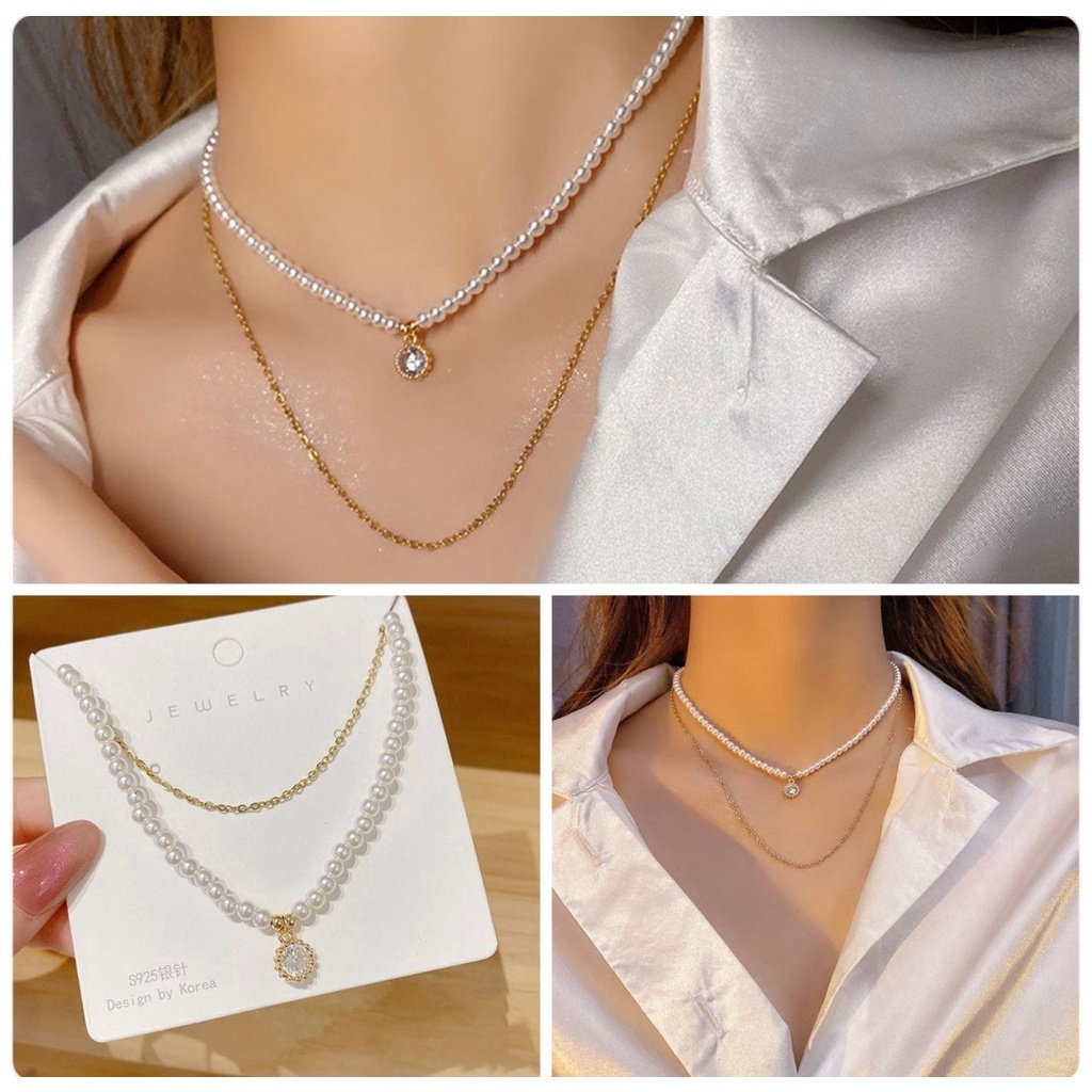 new kalung titanium wanita 2layer mutiara / kalung 2layer pearl anti karat import