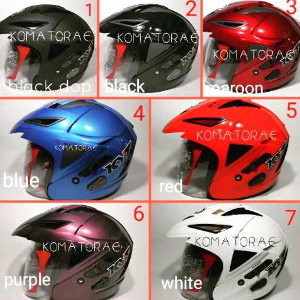 HELM KYT SCORPION KING SOLID BLACK DOF BLACK MARON RED BLUE PURPLE WHITE HALF FACE DOUBLE VISOR