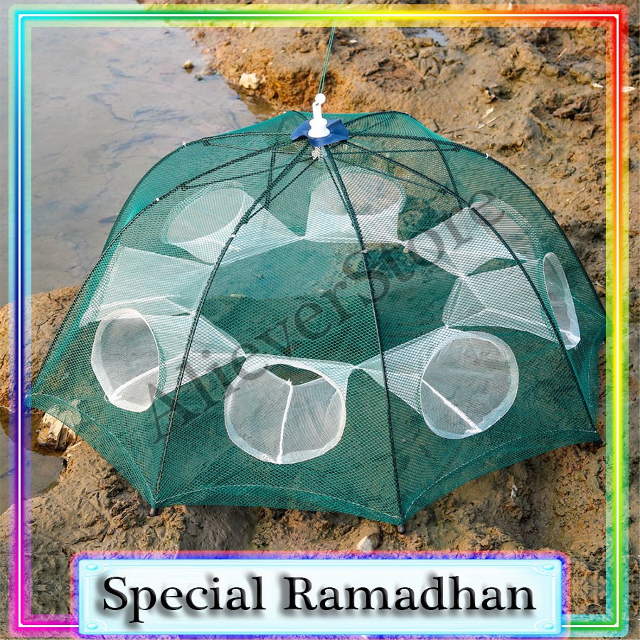 Perangkap Ikan Udang Kepiting Jaring Bubu Jebakan Payung 8 Holes Lubang