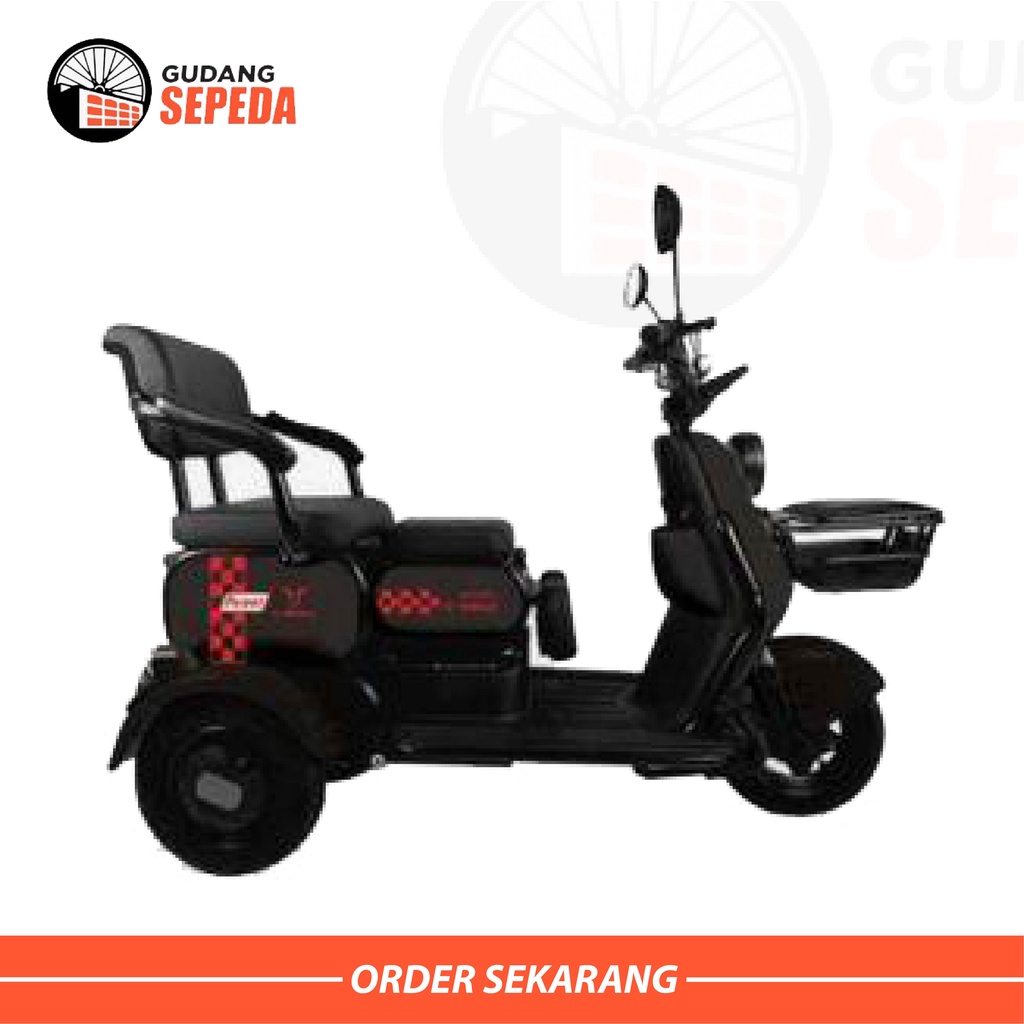Sepeda Motor Listrik Tipe Uwinfly Maleo Roda Tiga Disc Brake By UWINFLY Garansi SNI untuk orang tua 4 ban 3 baris kursi anti jatuh kuat 250 kg keranjang dan bisa lipat kursi-Black