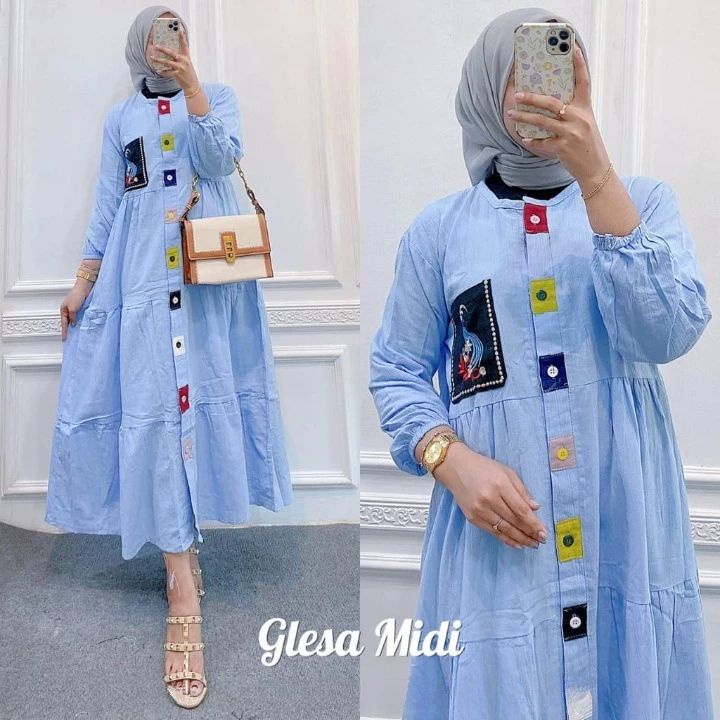 Midi Glessa / Dress Wanita Matt Katun Rayon / Midi Dress Wanita Aplikasi Sablon / Casual Dress / Fashion Muslimah / GOM