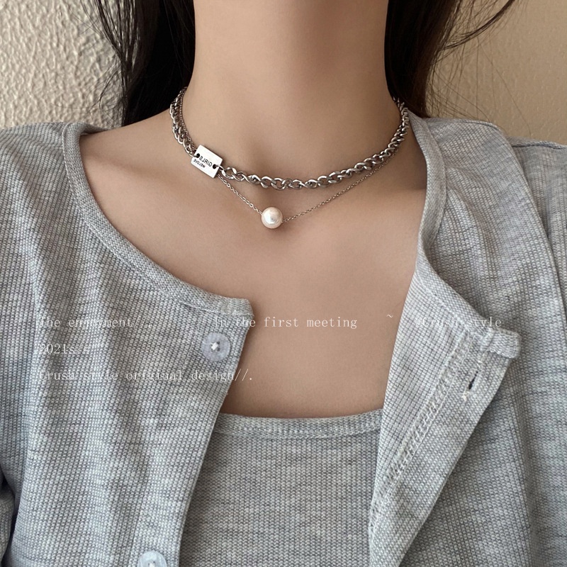 Double-layer twin titanium baja pelat persegi Kuba kalung untuk wanita in trendy hip-hop punk kalung