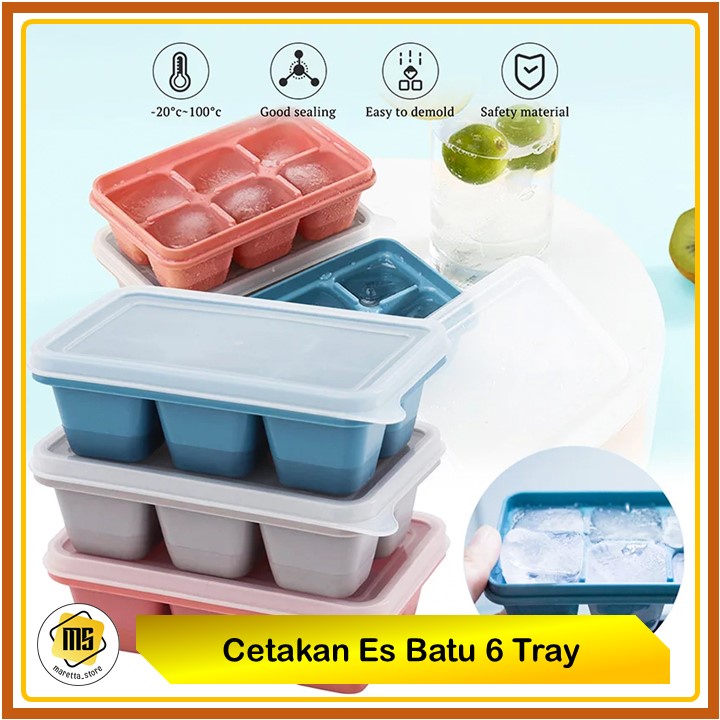 Cetakan Es Batu Silikon 6 Tray Ice Cube Dengan Tutup