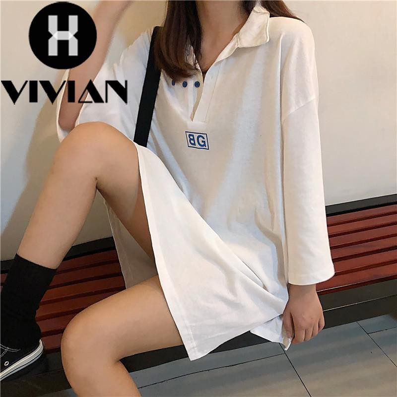 ?VIVIAN? Dress Kaos Mini Wanita Kerah Lipat V-Neck Lengan 3/4 Longgar Gaya Korea - Putih/Hijau Tosca