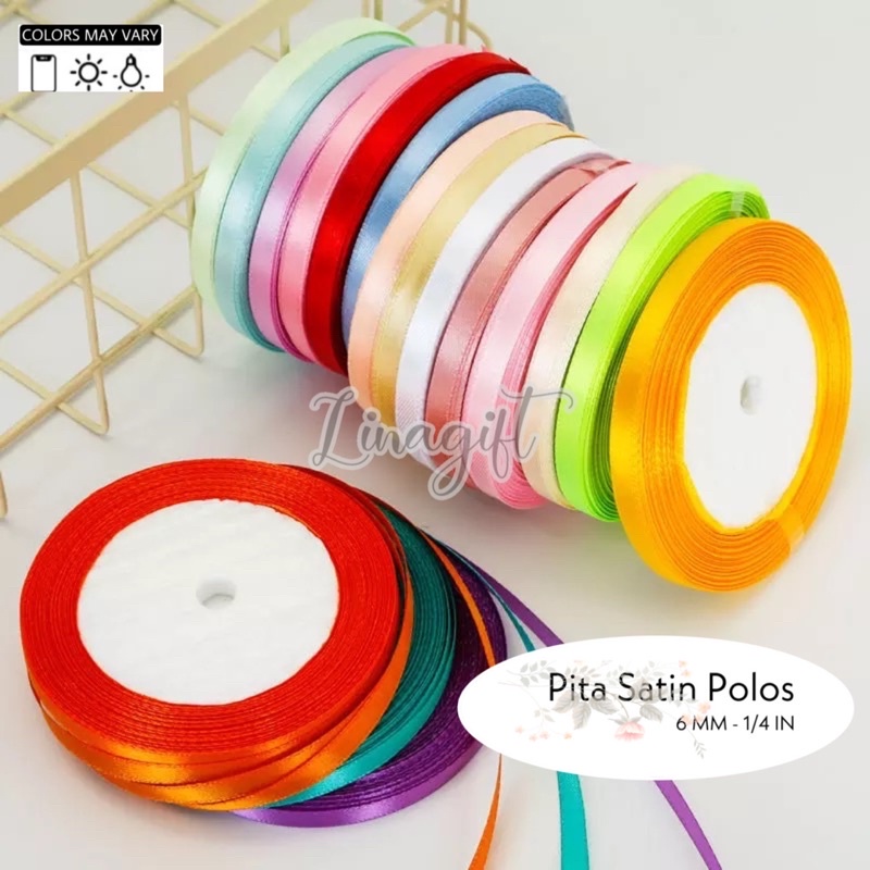 ( Rol 20 Yard ) PITA SATIN POLOS 6MM ( 1/4 INCH ) 0,25 IN - SATEEN RIBBON 0.6 CM - PITA KADO