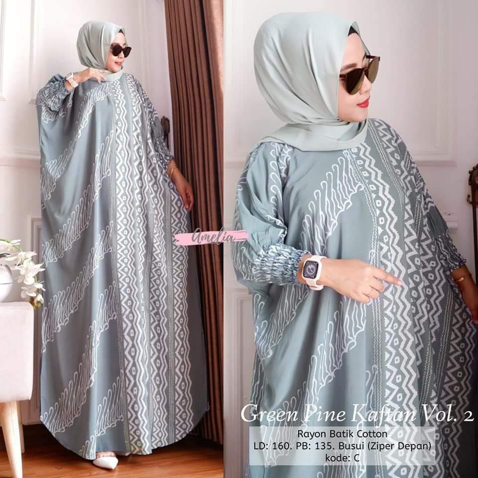 Green Pine Kaftan Wanita Jumbo Rayon Premium Gamis Dress Kaftan Batik Kekininan Bigsize LD 150 cm