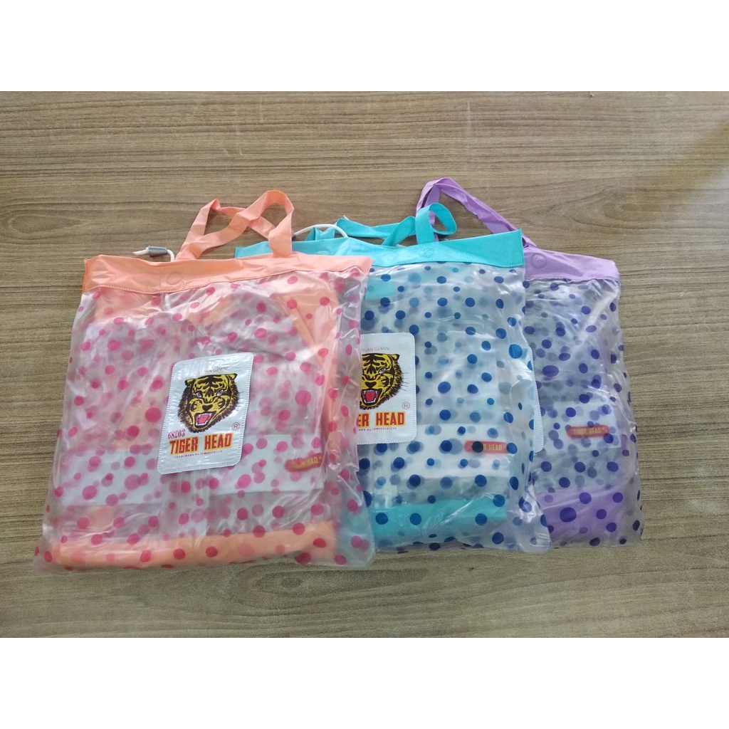 JAS HUJAN WANITA SETELAN CELANA CEWEK SIMPEL PLASTIK MURAH MOTIF POLKADOT TIGER HEAD GEMINI