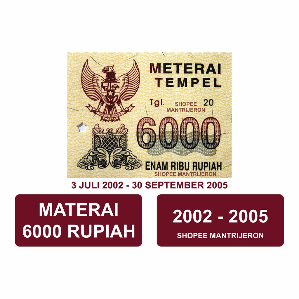 Materai 6000 Tahun 2002-2005 Meterai Tempel 6 Ribu 6.000 Enam Ribu Rupiah Lama Kuno Jadul Asli Origi