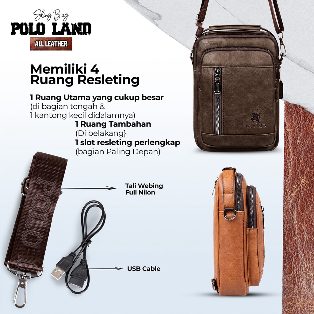 Tas Selempang Pria Kulit Slingbag Cowok POLO LAND Original Free Kabel USB - Goldiesbags