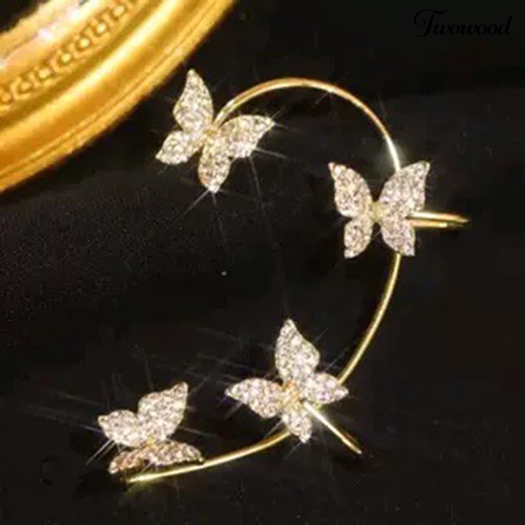 Twowood 1Pc Clip Earring Butterfly Rhinestone Jewelry Temperament Delicate Ear Cuff for Wedding