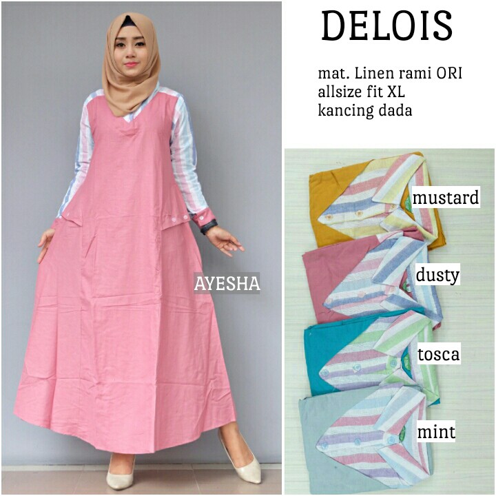 DELOIS MAXY / MAXY KOIMBINASI / GAMIS KEKINIAN / GAMIS GARIS / GAMIS POLOS / LENGAN GARIS / PASTEL